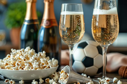 A bowl of popcorn and a glass of beer on a table. The scene is casual and relaxed, perfect for a movie night or a night in with friends