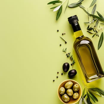 Olive oil bottle ad background with copyspace, vegetable oil commercial produce, food industry and retail concept