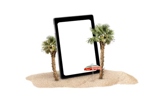 Tablet, mobile phone screen with palms and beach umbrella on the sandy beach isolated in white. Summer concept