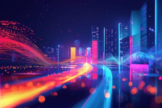 A cityscape with neon lights and a colorful blur of lights. The city is bustling with activity and energy