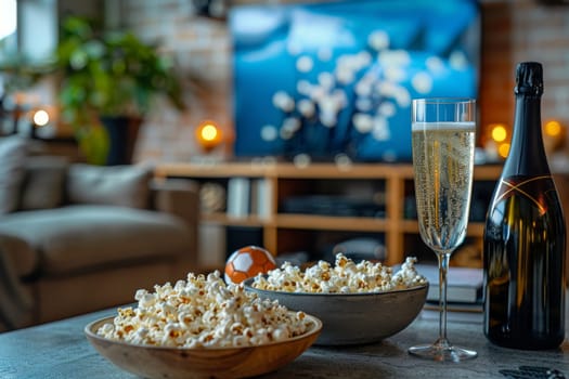 A bowl of popcorn and a glass of beer on a table. The scene is casual and relaxed, perfect for a movie night or a night in with friends