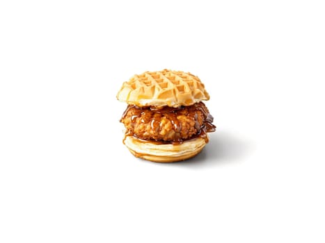 Slider with maple glaze mini burger with maple glaze fried chicken and waffles. Food isolated on transparent background.