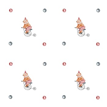 Circus bear pattern watercolor. Cute animal on a bicycle vintage hand drawing. Baby clip art isolated on white background. Ideal for children's textiles, wrapping paper and holiday decorations