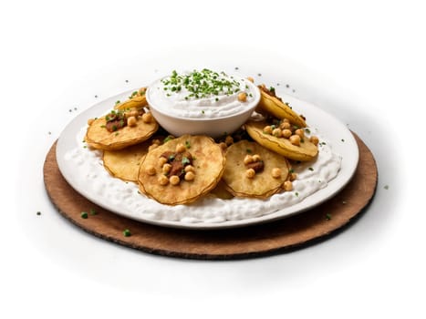 Chaat Papri vibrant tangy street snack with crispy fried papri topped with boiled potatoes chickpeas. Food isolated on transparent background.