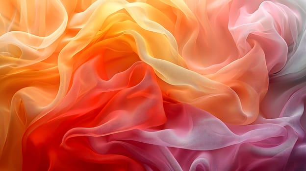 A closeup shot of a vibrant swirl of orange, petal pink, and flamecolored silk fabric resembling a plant in smoke, creating a mesmerizing piece of art at a colorful event