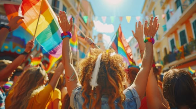 Diverse group of people enjoying gay pride day festival outdoors.