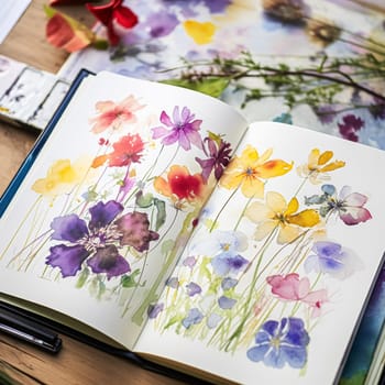 Watercolour painting of wildflowers in a sketchbook, surrounded by an array of watercolour paints and brushes on a wooden table, hobby and craft idea