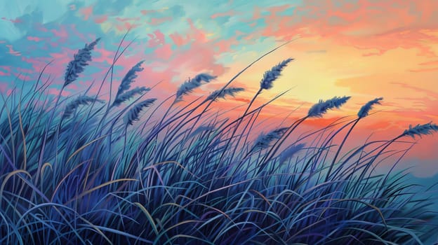 Sunset over a field of wild grasses, landscape. Nature and tranquility concept.