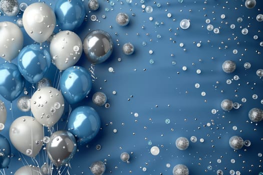 A blue and silver balloon display with a blue background. The balloons are scattered around the background, creating a festive atmosphere