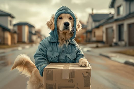 A dog is holding a cardboard box in its mouth. The dog is standing on a street in front of a house