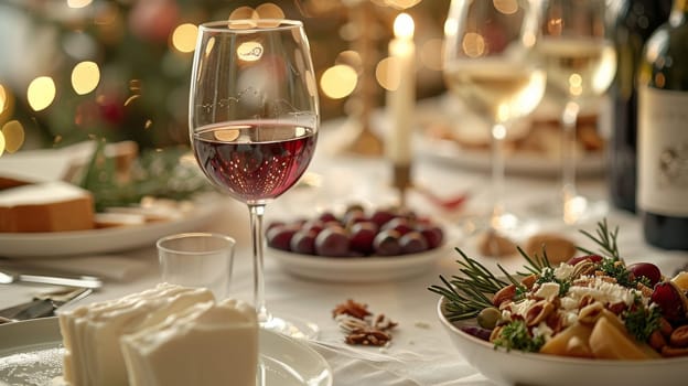 A table with a white tablecloth and a variety of food and wine. The wine bottles are on the right side of the table