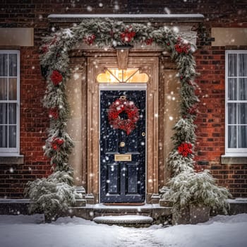 Christmas holiday, country cottage and snowing winter, wreath decoration on a door, Merry Christmas and Happy Holidays wishes, post-processed, generative ai