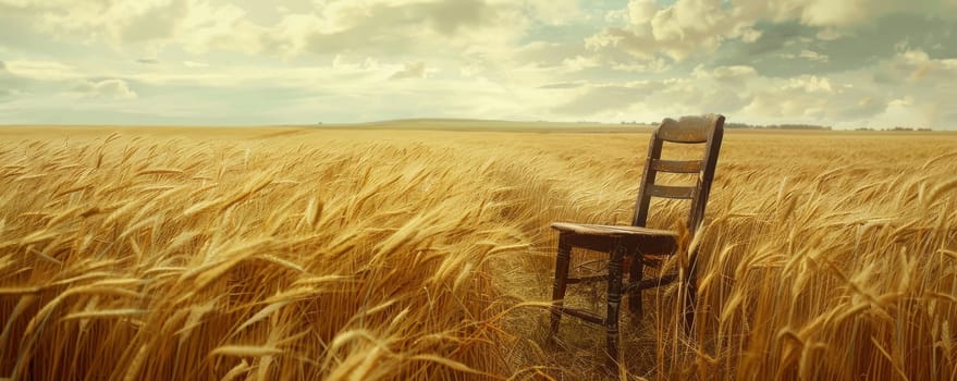 Lonely wooden chair in golden wheat field under cloudy sky at sunset, solitude and tranquility concept.