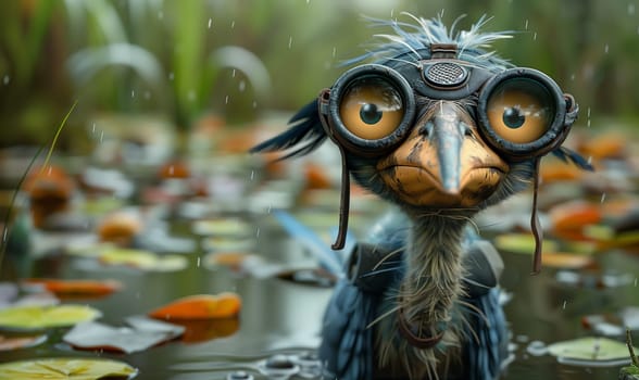 3D cartoon, a heron wearing big glasses walks through a swamp. Selective focus