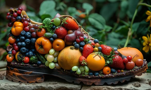 Shoes with fruits, berries and flowers. Selective focus