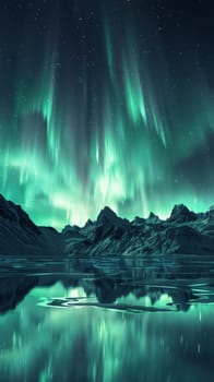Northern lights over snowy mountains and reflected in a tranquil lake, nighttime serenity. Aurora borealis and nature's wonder concept.