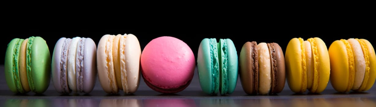 a lot of macaroons on a black background. Generative AI,