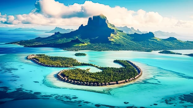 A beautiful island with a mountain in the background. The island is surrounded by water and has many small houses