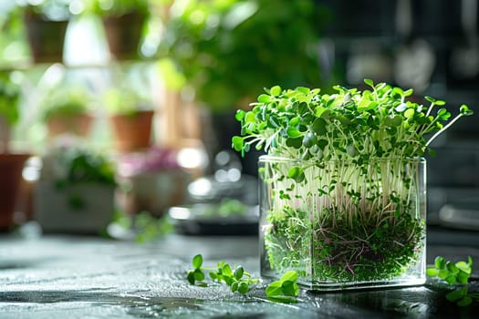 Microgreens in a glass jar on a wooden table.