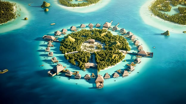 A beautiful island with a large circle of houses and palm trees. The island is surrounded by water and has a peaceful atmosphere