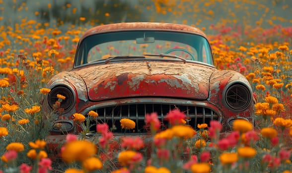 An old red car in a field surrounded by flowers. Selective focus