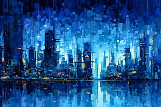A cityscape with a large body of water in the background. The city is lit up at night, creating a moody atmosphere
