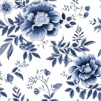 Seamless floral pattern, tileable blue and white country style print with flowers for wallpaper, wrapping paper, scrapbook, fabric and product design, post-processed, generative ai