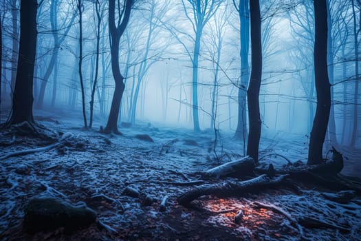 A forest with foggy trees and a path. Scene is mysterious and eerie