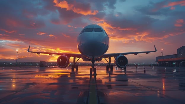 A large airplane is sitting on a wet runway. The reflection of the plane in the water creates a sense of depth and movement. The scene is set against a cloudy sky