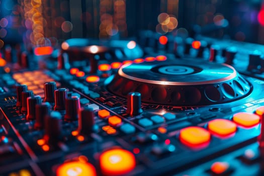 A man is playing a DJ set in a club with lights and a crowd. Scene is energetic and lively, as the man is focused on his music and the audience is enjoying the performance