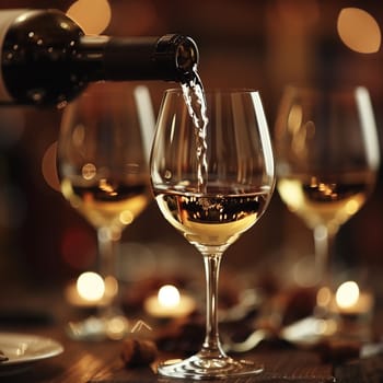 A close-up image of a wine bottle pouring white wine into a clear wine glass.