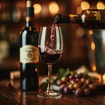 A glass of red wine is being poured from a bottle on a wooden table.