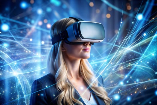 Woman wearing a VR headset and interacting with virtual reality, simulation, and metaverse concept. Ai generated image