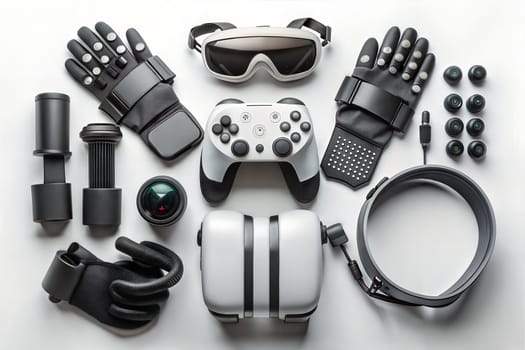 Tech devices and accessories like VR glasses, VR gloves, controllers, motion sensors on white background. Ai generated image