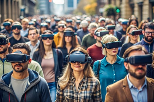 Crowd of People on the streets wearing VR headsets and AR glasses, fully engaged in virtual environments and augmented experiences. Ai generated image