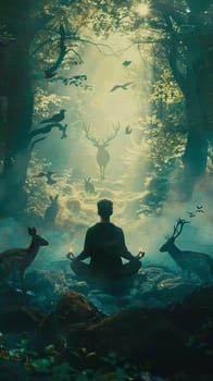 Man meditating in magical forest with deer at sunrise, nature harmony concept.