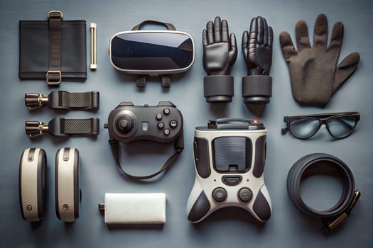 Tech devices and accessories like VR glasses, VR gloves, controllers, motion sensors on grey background. Ai generated image