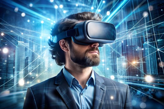 Man wearing VR headsets and AR glasses, fully engaged in virtual environments and augmented experiences. Ai generated image