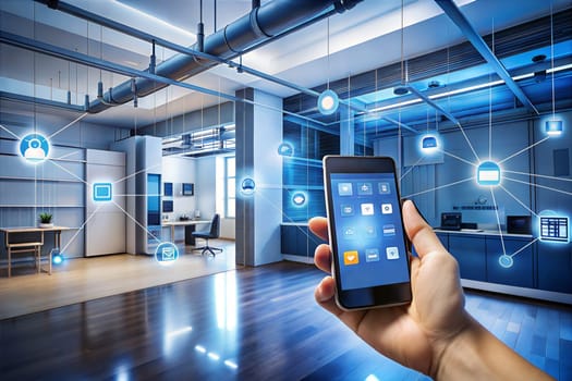 Smart home management with a mobile phone in a man's hand, seamlessly connecting to a smart home app while surrounded by the comfort of a stylish living room. Ai generated image