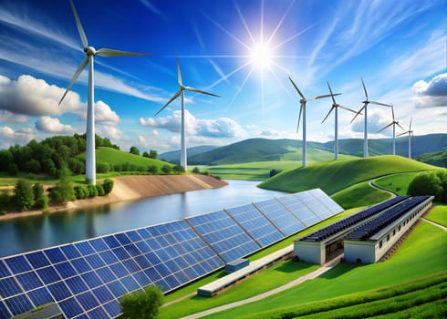 Wind turbines and solar panels integrated into the environment. Renewable eco-friendly energy sources. Ai generated image