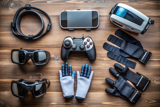 Tech devices and accessories like VR glasses, VR gloves, controllers, motion sensors on white background. Ai generated image