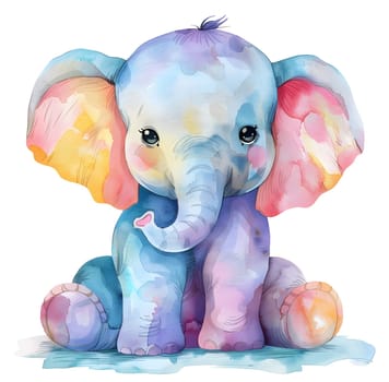 A watercolor painting of a baby elephant, a terrestrial animal and working animal with a long snout. The artwork captures the essence of this adorable organism sitting on a white background