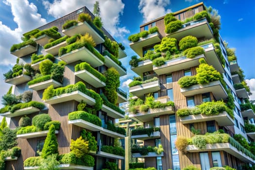 Sustainable green building. Eco-friendly building. Sustainable building with tree for reducing carbon dioxide. Office with green environment. Corporate building reduce CO2. Ai generated image