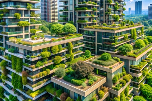 Sustainable green building. Eco-friendly building. Sustainable building with tree for reducing carbon dioxide. Office with green environment. Corporate building reduce CO2. Ai generated image