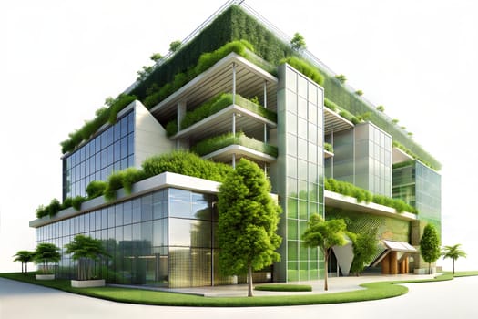 Modern, eco-friendly buildings with green roofs and vertical gardens on a white background. Ai generated image