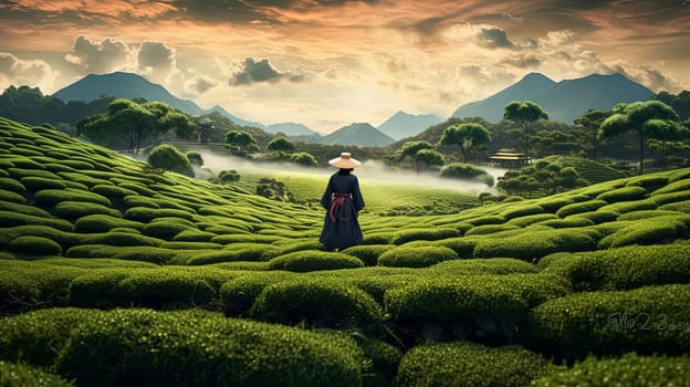 A man is working in a tea field at the foot of a mountain, showcasing traditional tea cultivation in a scenic landscape.