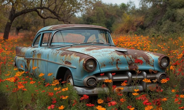 A blue rusty car surrounded by wildflowers. Selective focus