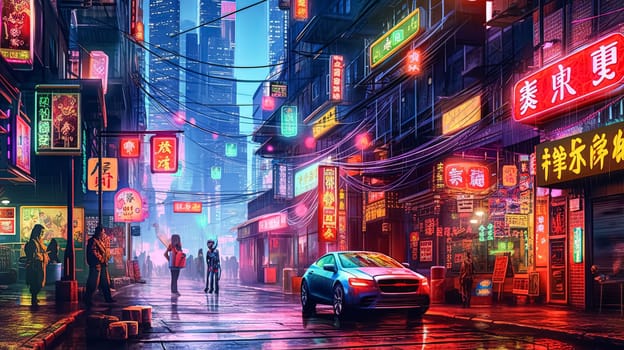 A neon city street with a car and a person walking. Scene is energetic and bustling