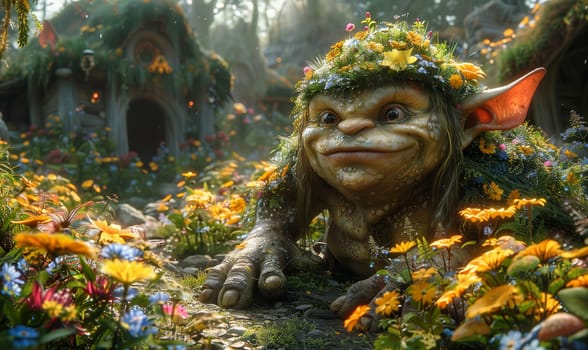3D cartoon, troll in flowers in a fairytale village. Selective focus