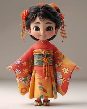 Cartoon, 3D boy in national traditional Asian attire. Selective focus.